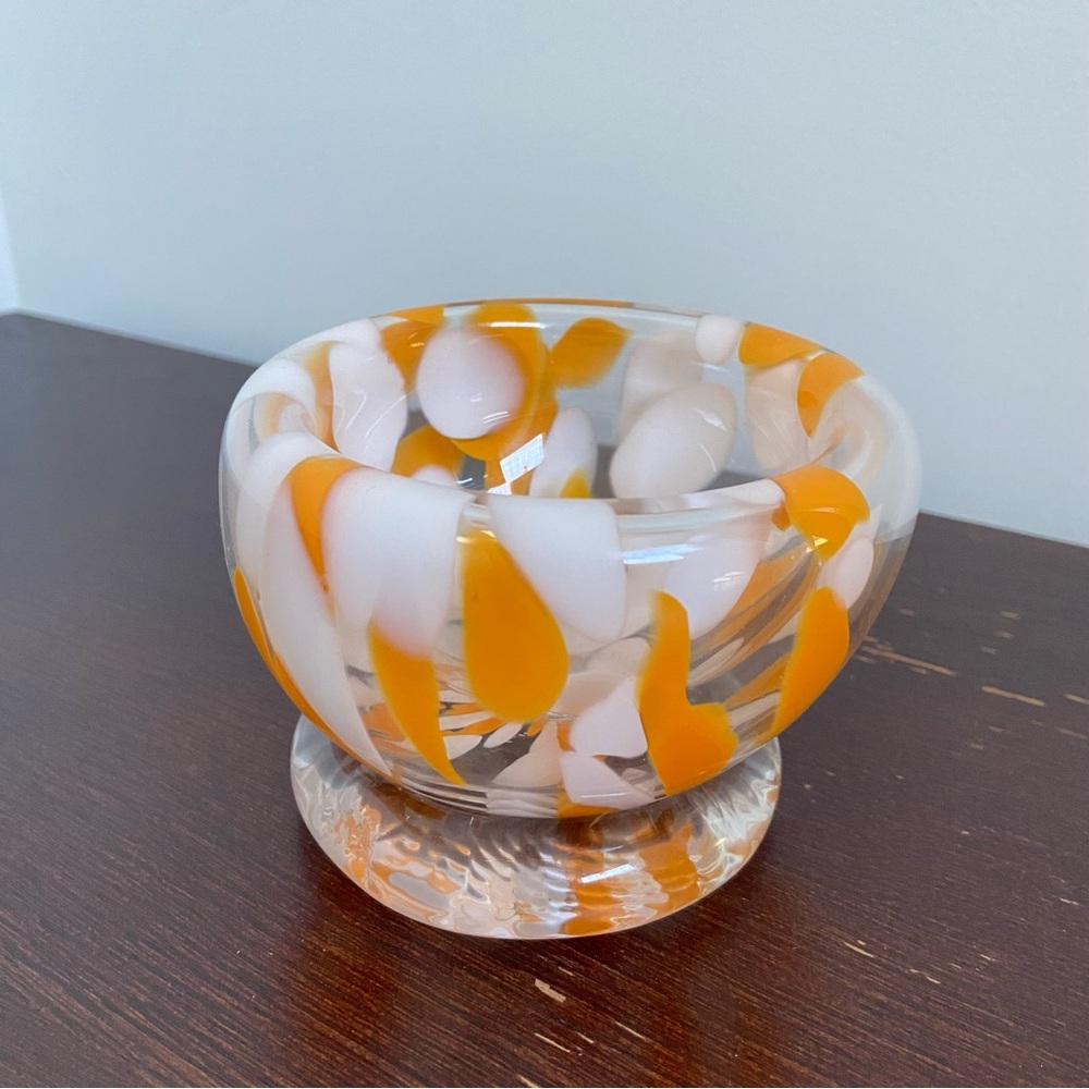 Handblown Art Glass Bowl/ Candy Dish – White & Orange Swirl